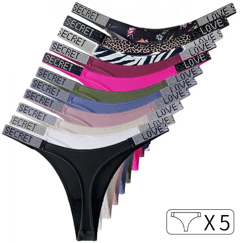 5 pièces taille basse Sexy culottes femmes tongs strass lettre diamants string sport string Shorts slips t-back taille S-XL – photo 2