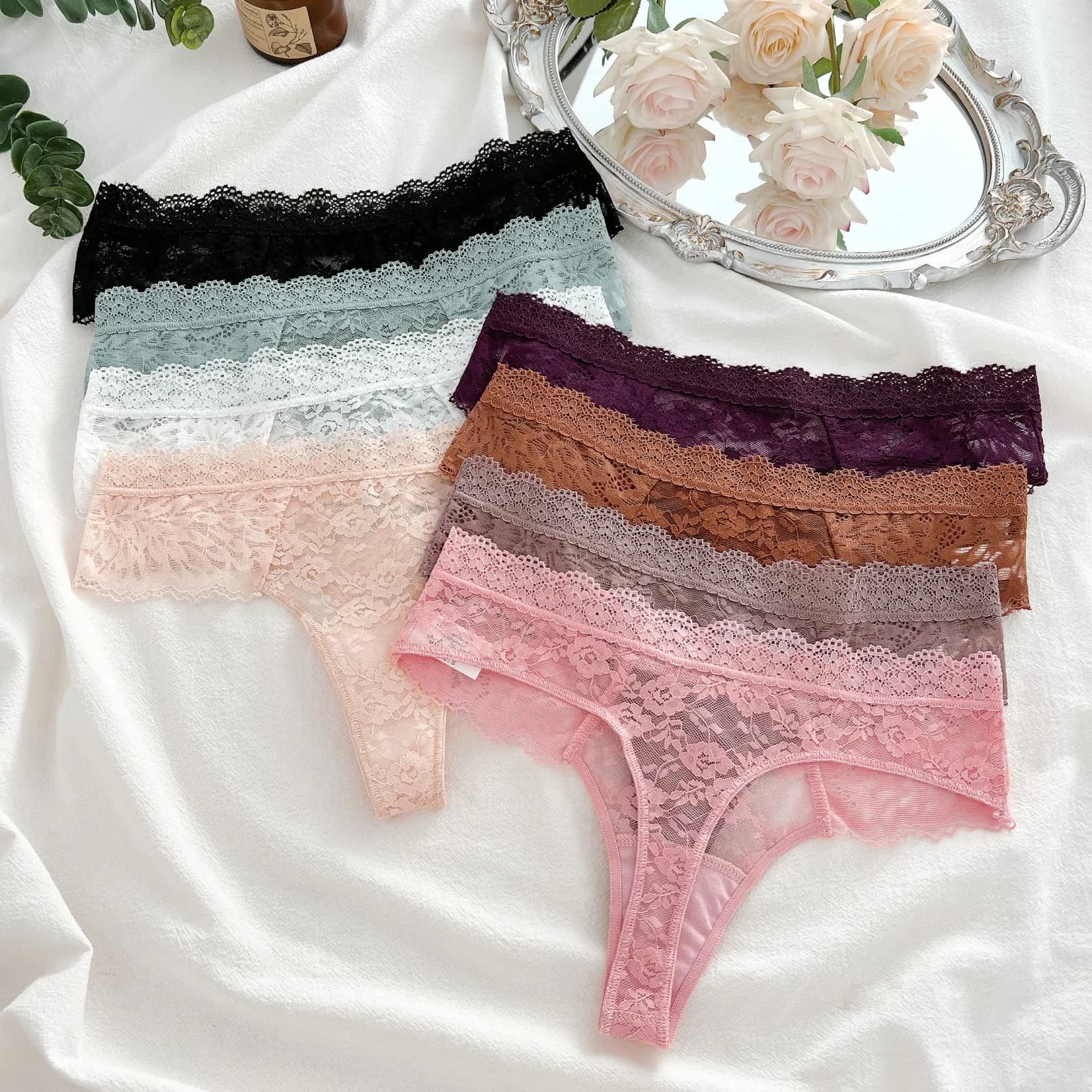 3 pièces dentelle Sexy tongs femmes taille basse slips Sexy doux dames sous-vêtements à la mode Floral caleçons femme fleurie culotte Lingerie – photo 4