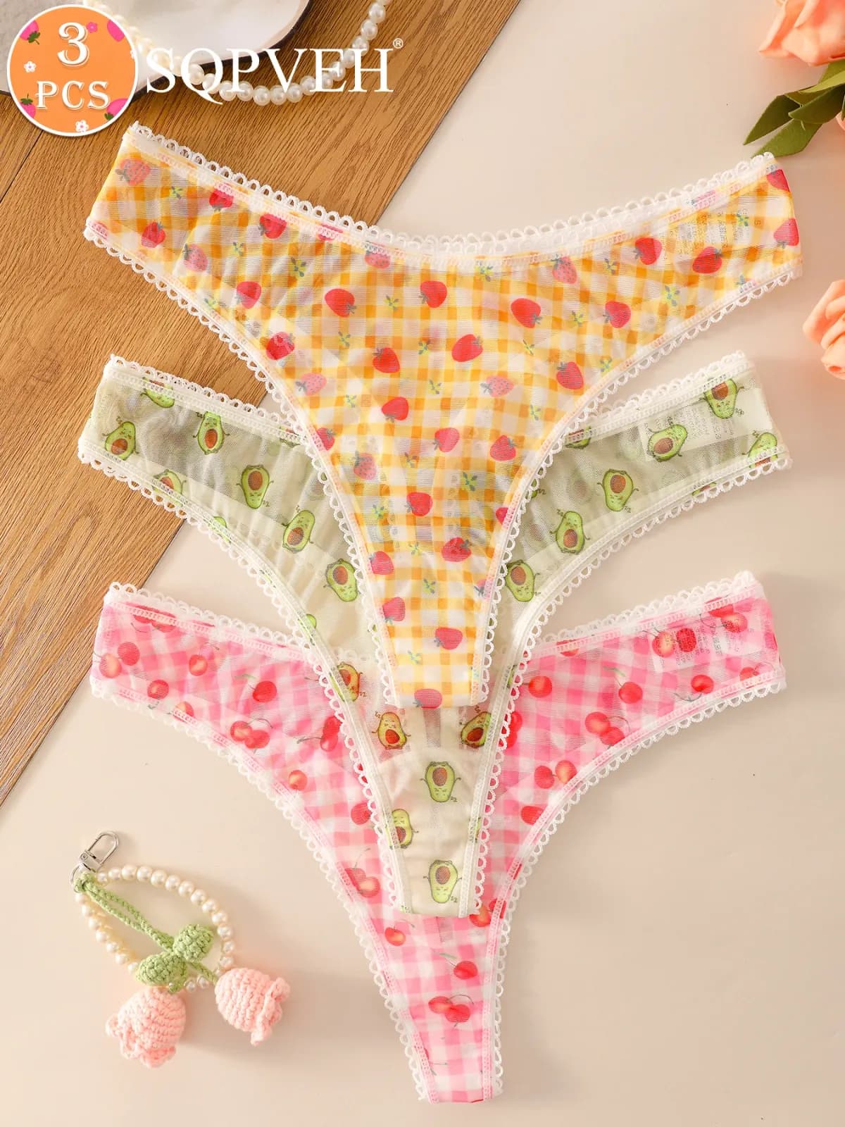 Lot de 3 strings en maille imprimé fruits pour femme, avec dentelle, culottes transparentes, mignonnes et sexy, motifs avocat, fraise, cerise – photo 3