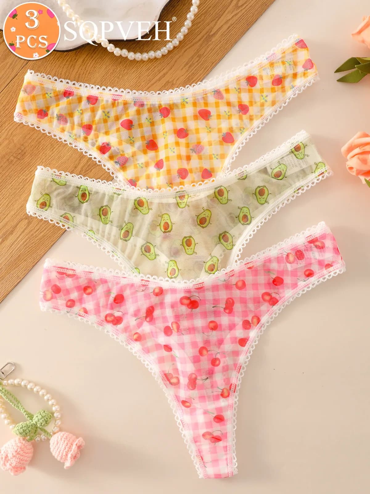 Lot de 3 strings en maille imprimé fruits pour femme, avec dentelle, culottes transparentes, mignonnes et sexy, motifs avocat, fraise, cerise – photo 4