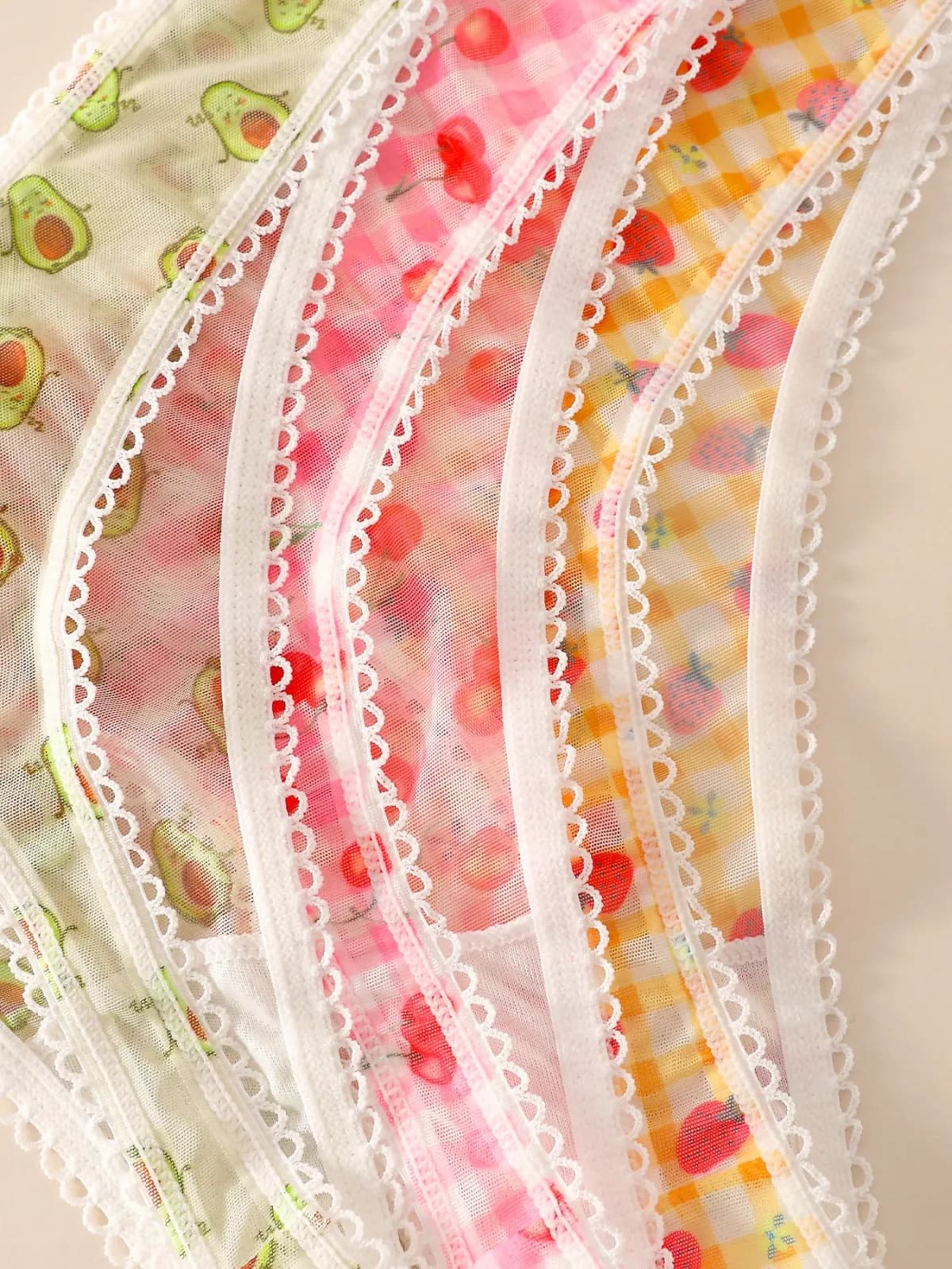 Lot de 3 strings en maille imprimé fruits pour femme, avec dentelle, culottes transparentes, mignonnes et sexy, motifs avocat, fraise, cerise – photo 6