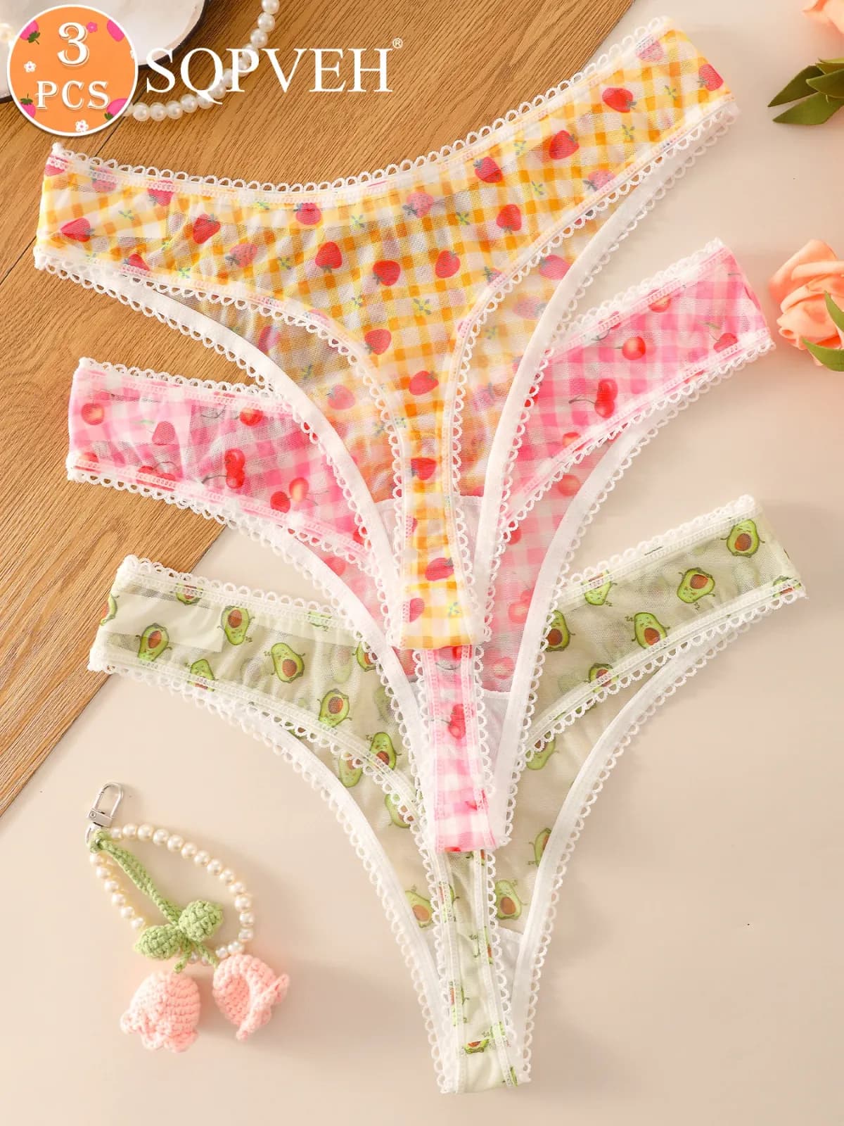 Lot de 3 strings en maille imprimé fruits pour femme, avec dentelle, culottes transparentes, mignonnes et sexy, motifs avocat, fraise, cerise