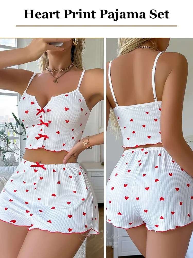 Ensemble de pyjama sexy à imprimé cœur pour femmes, vêtements de nuit en soie, col en V sans manches, haut décontracté et short, vêtements de détente – photo 5