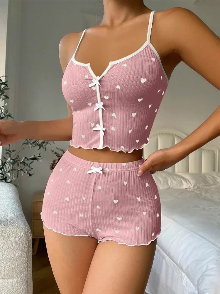 Ensemble de pyjama sexy à imprimé cœur pour femmes, vêtements de nuit en soie, col en V sans manches, haut décontracté et short, vêtements de détente – photo 3