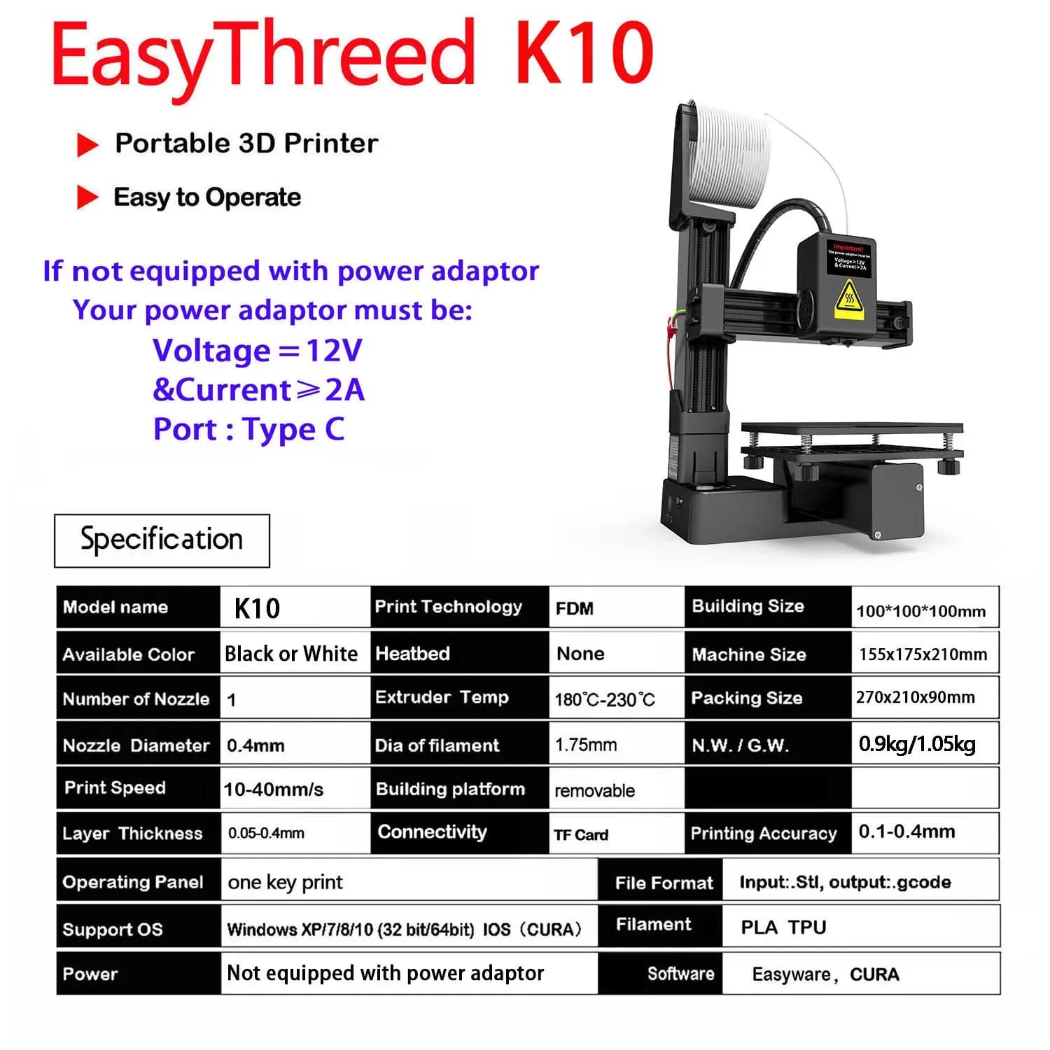 EasyThreed-Imprimante 3D, entrée de gamme, compatible avec PLA, TPU, filament de 1.75mm, adaptateur secteur inclus – photo 3