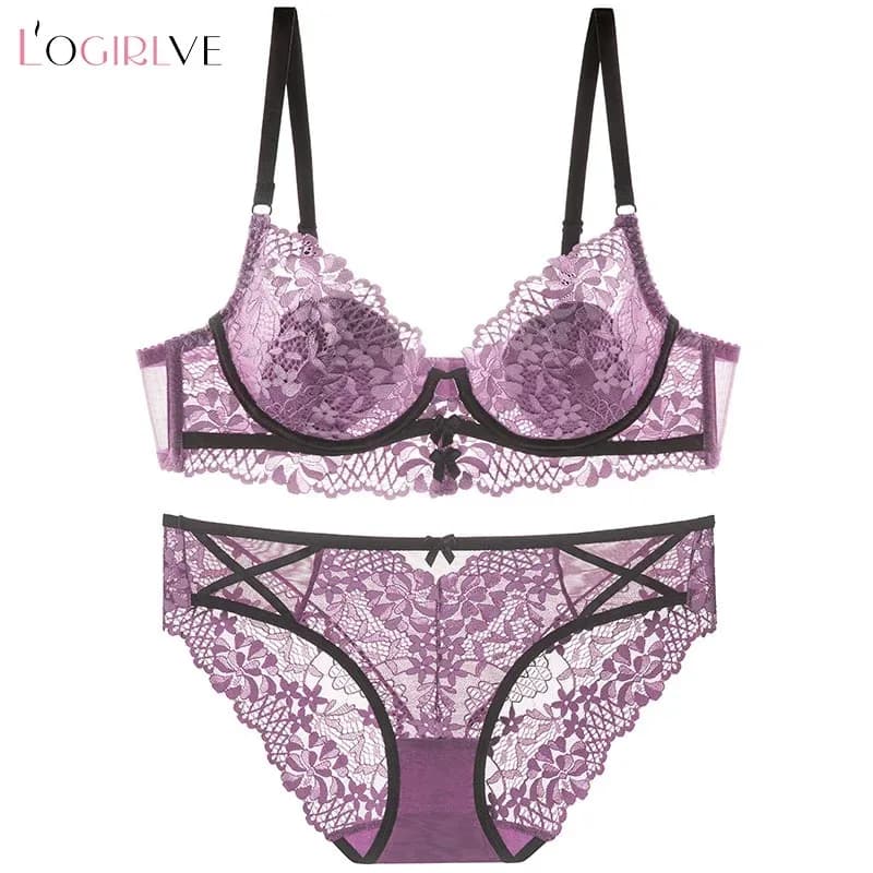 Nouvel ensemble de lingerie sexy pour femme, soutien-gorge push-up en dentelle, bralette à bonnets fins 3/4 style français, avec jolie décoration nœud, confortable, comprenant soutien-gorge et culotte – photo 5