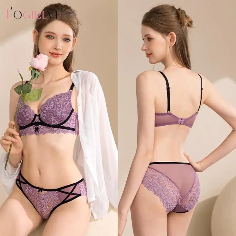 Nouvel ensemble de lingerie sexy pour femme, soutien-gorge push-up en dentelle, bralette à bonnets fins 3/4 style français, avec jolie décoration nœud, confortable, comprenant soutien-gorge et culotte – photo 3