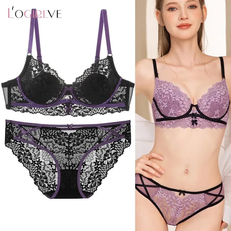 Nouvel ensemble de lingerie sexy pour femme, soutien-gorge push-up en dentelle, bralette à bonnets fins 3/4 style français, avec jolie décoration nœud, confortable, comprenant soutien-gorge et culotte – photo 2