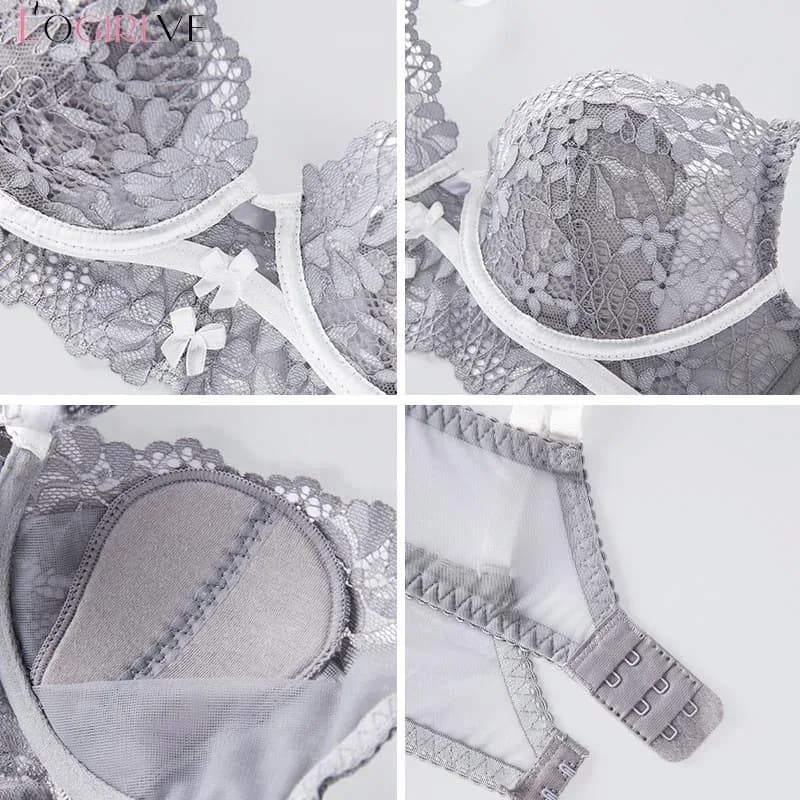 Nouvel ensemble de lingerie sexy pour femme, soutien-gorge push-up en dentelle, bralette à bonnets fins 3/4 style français, avec jolie décoration nœud, confortable, comprenant soutien-gorge et culotte – photo 6