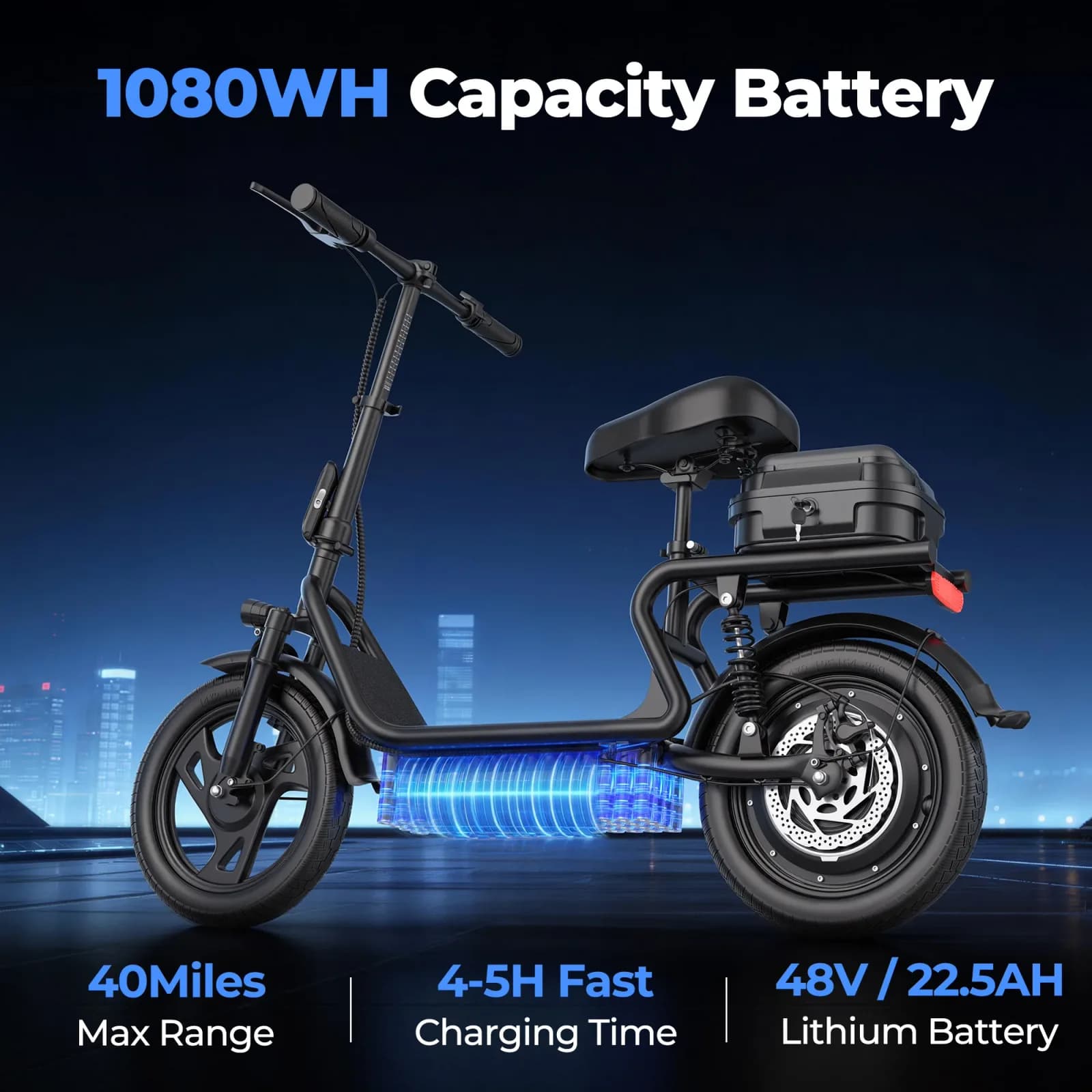 Trottinette Électrique Pliable ESBS 14 Pouces avec Moteur 500W, Batterie Lithium 48V 22.5Ah, Vitesse Max 22 MPH, Autonomie 40 Miles, Vélo Électrique Urbain pour Adulte avec Siège et Rangement Arrière, Frein à Disque et Suspension, Stock UE – photo 3
