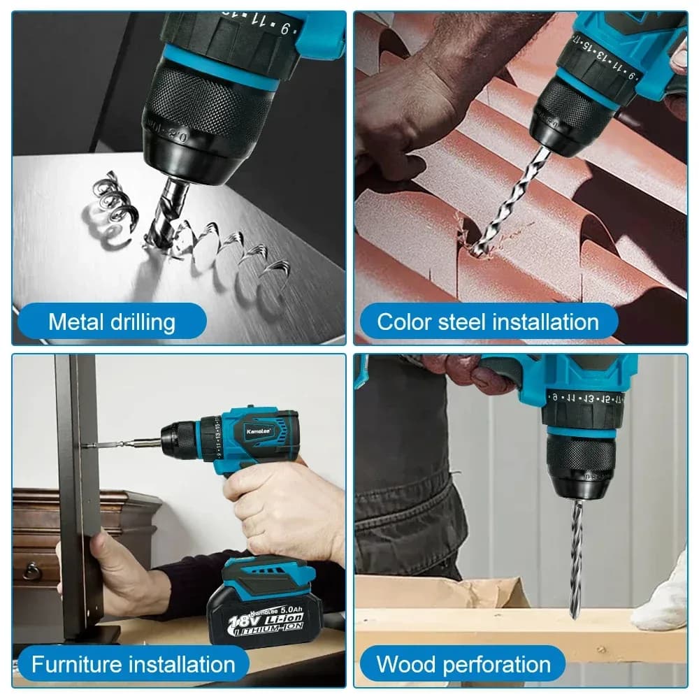 Kamolee Perceuse sans fil 10MM, perceuse sans balais 18V pour bricolage domestique, tournevis électrique portable, kit d'outils – photo 5