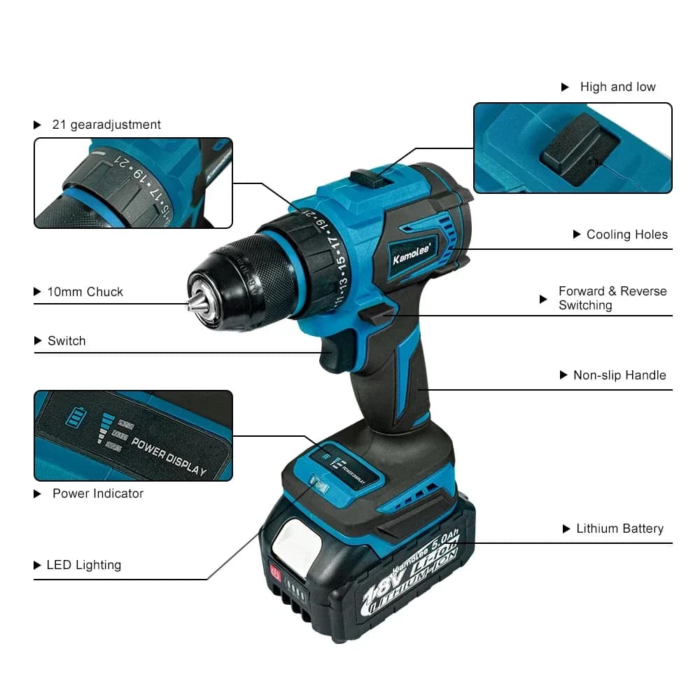 Kamolee Perceuse sans fil 10MM, perceuse sans balais 18V pour bricolage domestique, tournevis électrique portable, kit d'outils – photo 3