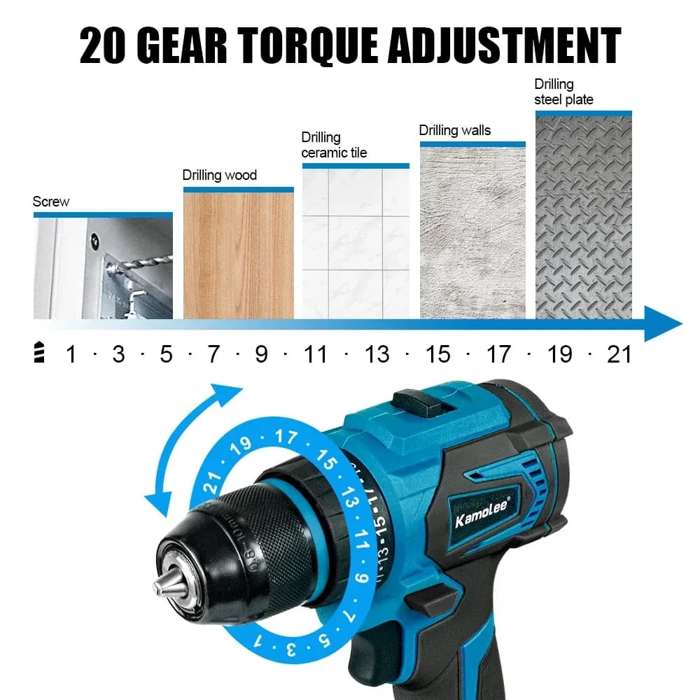 Kamolee Perceuse sans fil 10MM, perceuse sans balais 18V pour bricolage domestique, tournevis électrique portable, kit d'outils – photo 4