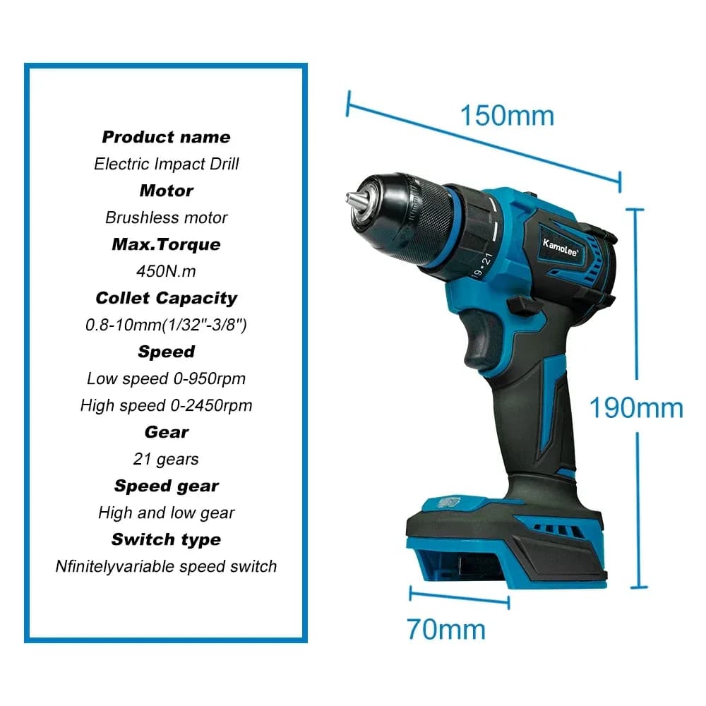 Kamolee Perceuse sans fil 10MM, perceuse sans balais 18V pour bricolage domestique, tournevis électrique portable, kit d'outils – photo 2