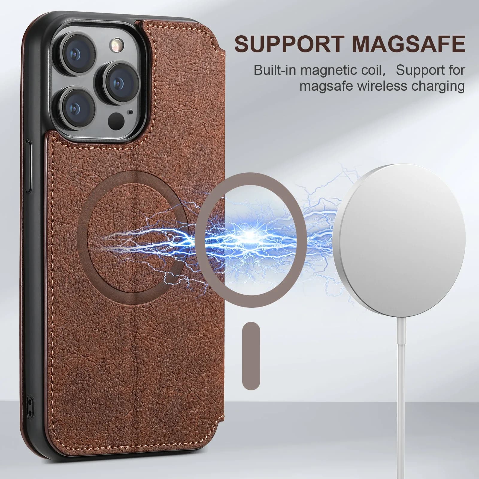 Étui de téléphone en cuir compatible avec la recharge sans fil SUTENI pour iPhone 13 14 15 16 Plus 17 18 Pro Max, avec couverture rabattable et porte-cartes. – photo 2