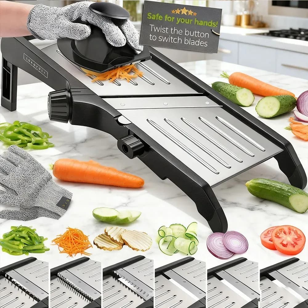 Mandoline réglable 10-en-1 pour trancher les légumes, avec lames professionnelles pour la julienne, en acier inoxydable, idéale pour les pommes de terre, les carottes, les oignons, les fruits et les légumes, de couleur noire.