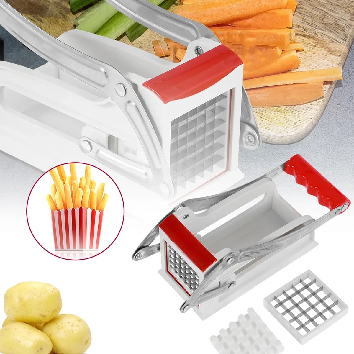 Coupe-frites en acier inoxydable, picador de pommes de terre avec lames de 25/49 trous, coupe rapide, trancheur manuel des aliments, coupe-légumes de cuisine – photo 2