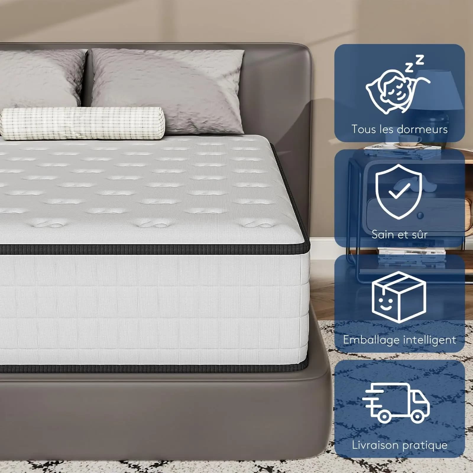 Matelas en mousse à mémoire de forme Dewinner, haute densité, fermeté moyenne, hypoallergénique, isolant thermique, 7 zones, réversible avec deux faces utilisables – photo 3