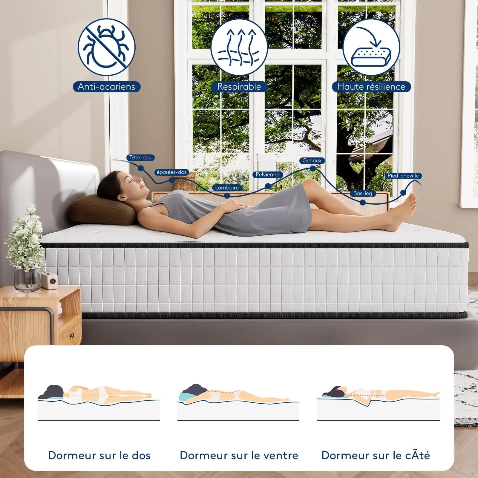 Matelas en mousse à mémoire de forme Dewinner, haute densité, fermeté moyenne, hypoallergénique, isolant thermique, 7 zones, réversible avec deux faces utilisables – photo 5