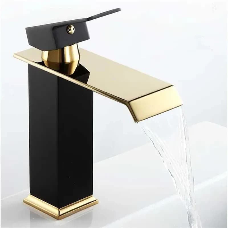 Robinet de lavabo Robinet cascade doré et noir Robinet de salle de bains en laiton Robinet de lavabo de salle de bains Robinet mitigeur Robinet d'évier chaud et froid – photo 5