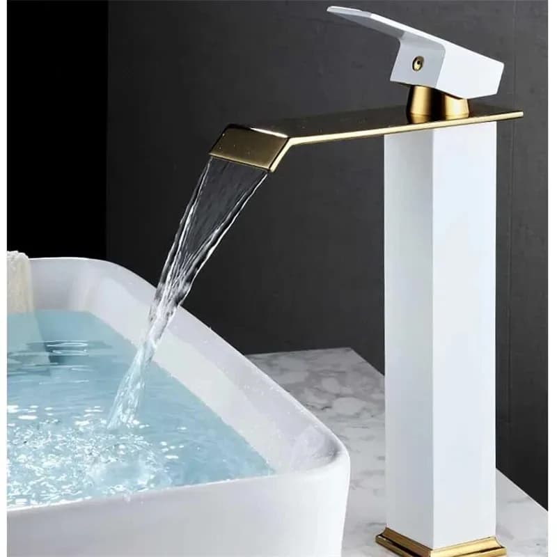 Robinet de lavabo Robinet cascade doré et noir Robinet de salle de bains en laiton Robinet de lavabo de salle de bains Robinet mitigeur Robinet d'évier chaud et froid – photo 6