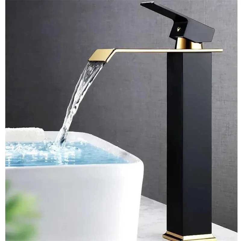 Robinet de lavabo Robinet cascade doré et noir Robinet de salle de bains en laiton Robinet de lavabo de salle de bains Robinet mitigeur Robinet d'évier chaud et froid – photo 2
