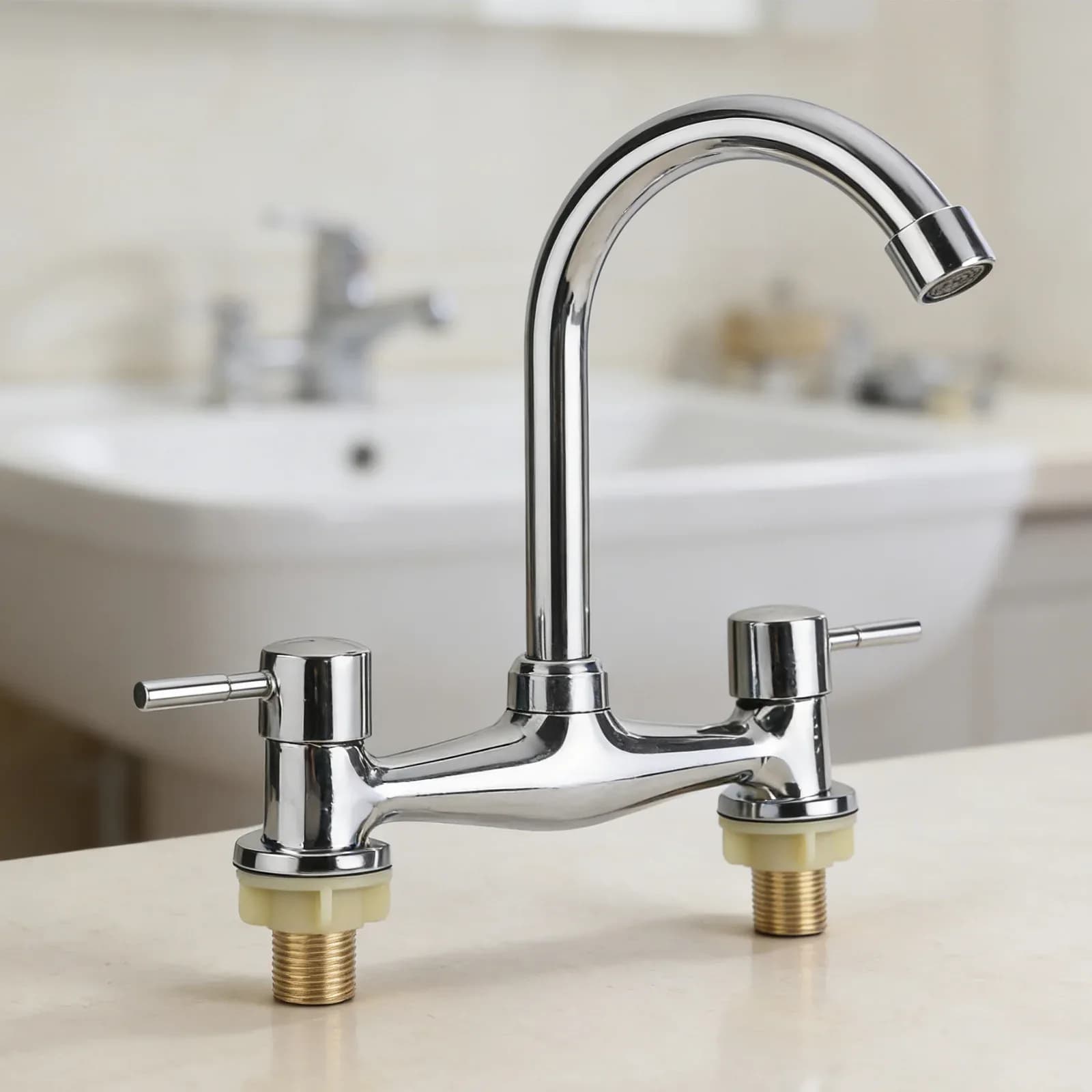 Robinet de cuisine moderne à double levier chromé, mitigeur chaud et froid, 2 trous, pour lavabo moderne – photo 2