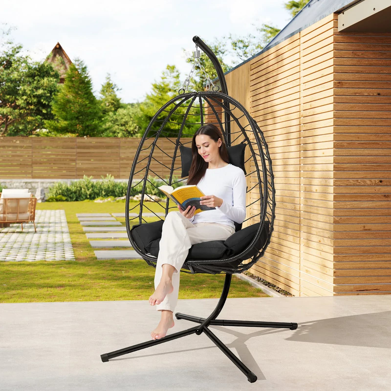 Fauteuil suspendu EUGAD, hamac balançoire avec support métallique, coussin de siège, appui-tête, capacité de charge 150 kg, pour jardin, balcon, terrasse, décoration – photo 5