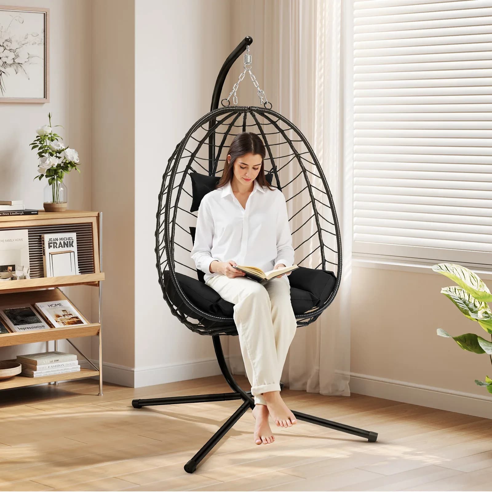 Fauteuil suspendu EUGAD, hamac balançoire avec support métallique, coussin de siège, appui-tête, capacité de charge 150 kg, pour jardin, balcon, terrasse, décoration – photo 4