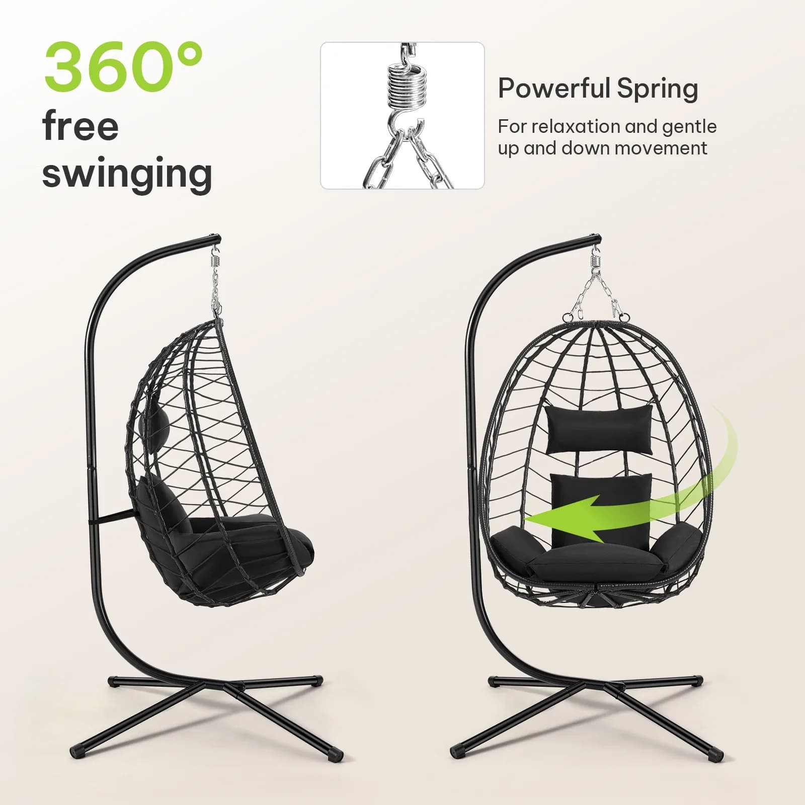 Fauteuil suspendu EUGAD, hamac balançoire avec support métallique, coussin de siège, appui-tête, capacité de charge 150 kg, pour jardin, balcon, terrasse, décoration – photo 2