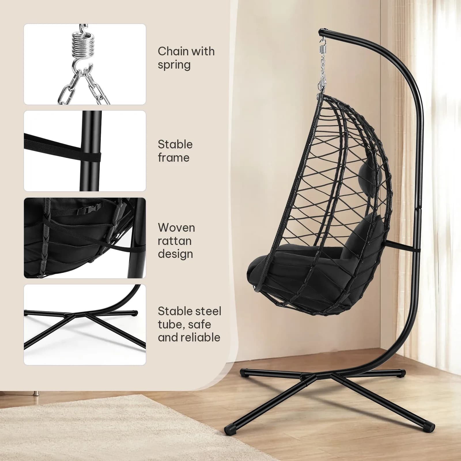 Fauteuil suspendu EUGAD, hamac balançoire avec support métallique, coussin de siège, appui-tête, capacité de charge 150 kg, pour jardin, balcon, terrasse, décoration – photo 3