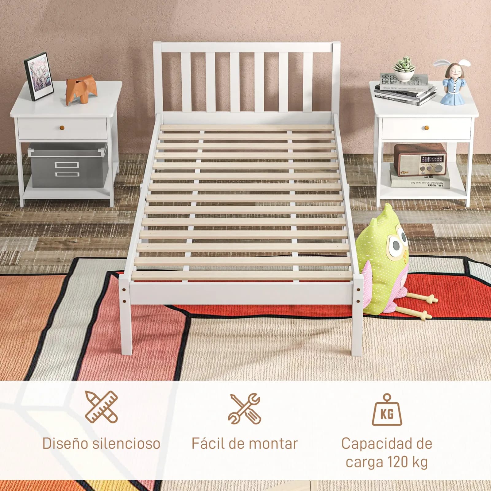 Homcom Sommier en bois avec tête de lit pour matelas 90x190 cm (non inclus) Capacité de charge 120 kg 198x96x70 cm Blanc – photo 5