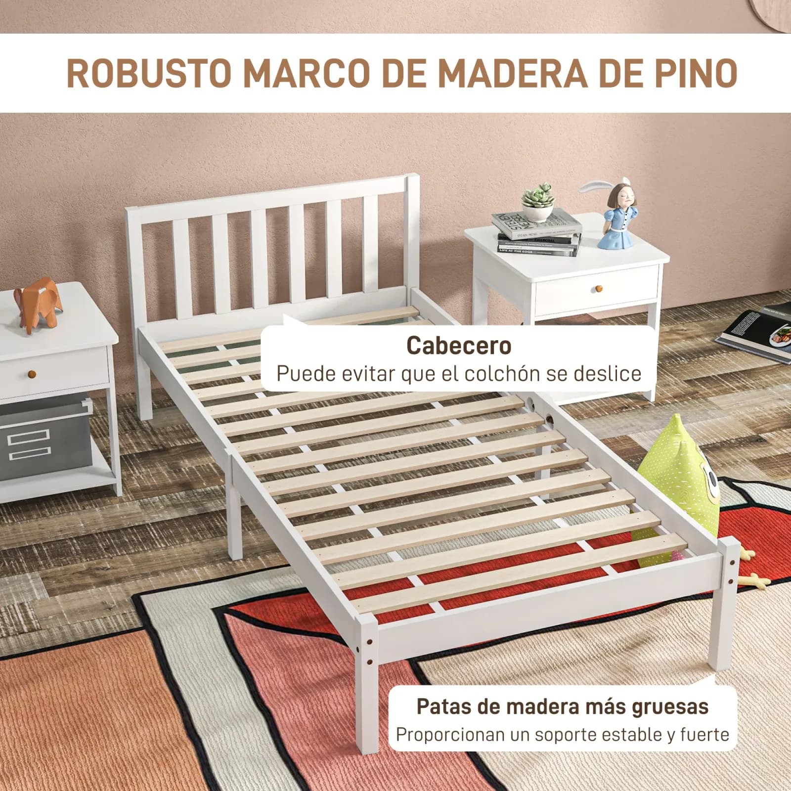 Homcom Sommier en bois avec tête de lit pour matelas 90x190 cm (non inclus) Capacité de charge 120 kg 198x96x70 cm Blanc – photo 6
