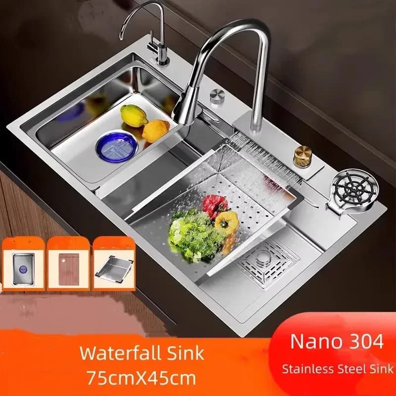 Évier de cuisine en acier inoxydable 304 nano-revêtu, grand bac unique avec robinet cascade, bassin de lavage profond pour la maison – photo 2