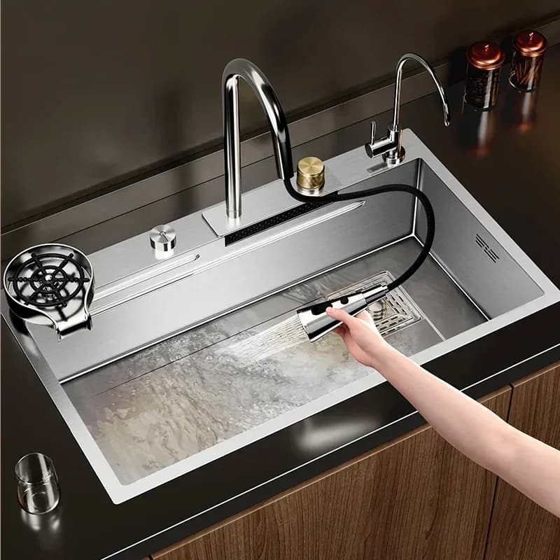 Évier de cuisine en acier inoxydable 304 nano-revêtu, grand bac unique avec robinet cascade, bassin de lavage profond pour la maison – photo 4