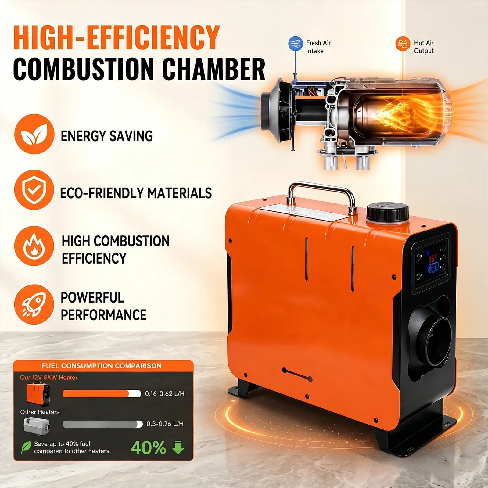 Podofo Chauffage à air diesel 12V 24V 8KW avec écran LCD et télécommande, outil de chauffage auxiliaire pour camion, camping-car, bateau – photo 6