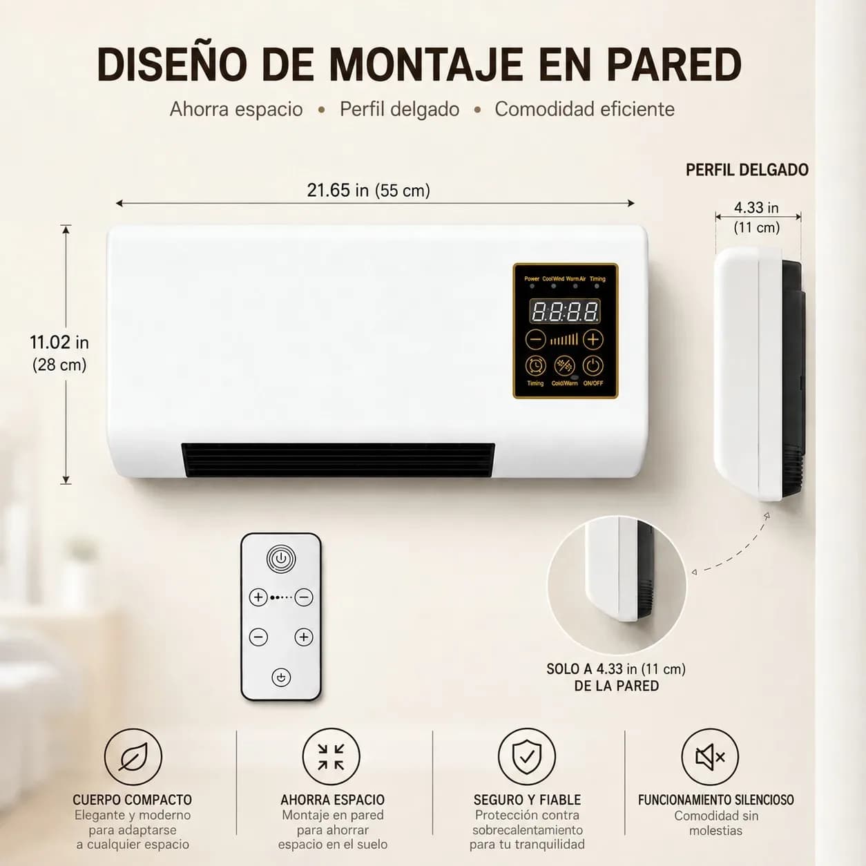 Radiateur électrique mural de 2000 W avec télécommande et minuterie de 8 heures, chauffage rapide avec écran LED et modes de ventilation et de chauffage pour la maison et le bureau, dimensions : 55 x 28 x 11 cm. – photo 2