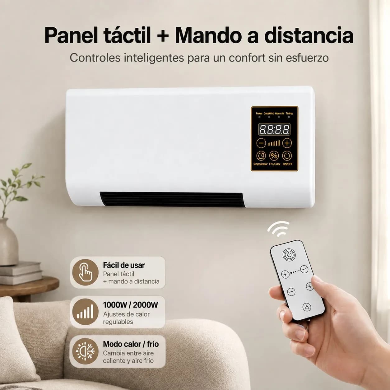 Radiateur électrique mural de 2000 W avec télécommande et minuterie de 8 heures, chauffage rapide avec écran LED et modes de ventilation et de chauffage pour la maison et le bureau, dimensions : 55 x 28 x 11 cm. – photo 4
