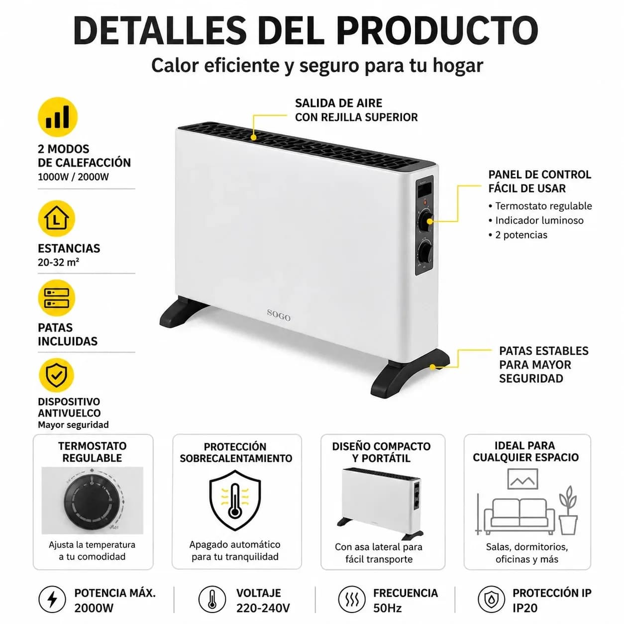 Radiateur convecteur électrique 2000W avec thermostat réglable, 2 modes de chauffage, système anti-basculement et protection contre la surchauffe pour pièces de 20 à 32 m², design métallique portable – photo 4