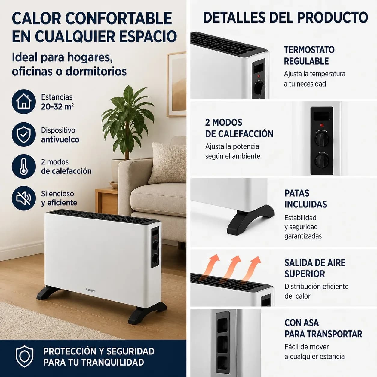 Radiateur convecteur électrique 2000W avec thermostat réglable, 2 modes de chauffage, système anti-basculement et protection contre la surchauffe pour pièces de 20 à 32 m², design métallique portable – photo 3