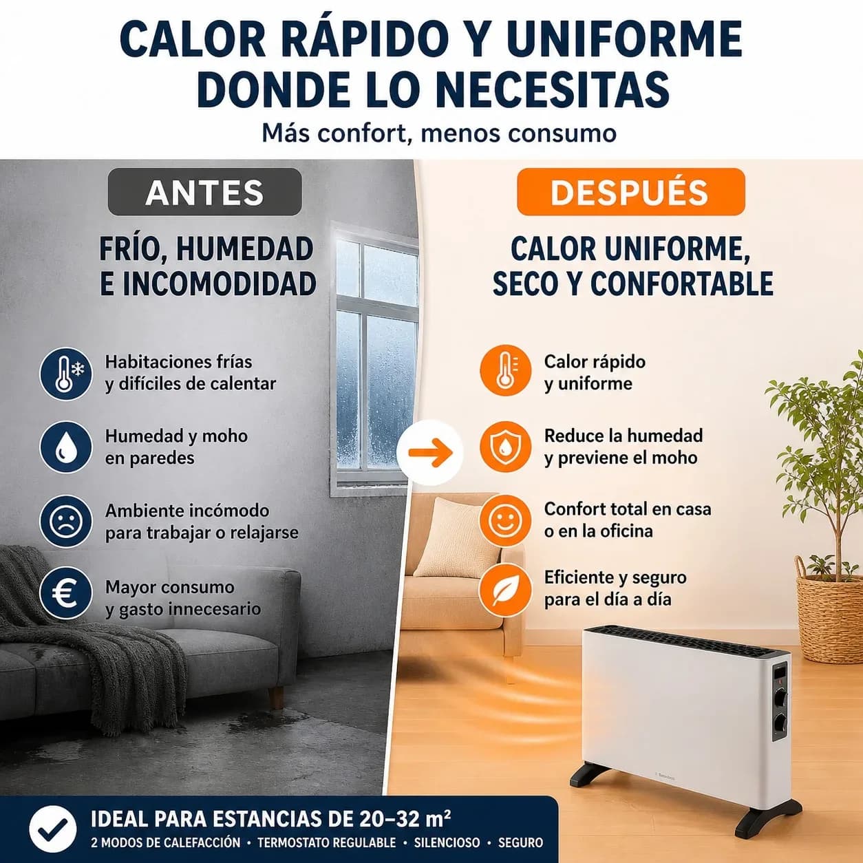Radiateur convecteur électrique 2000W avec thermostat réglable, 2 modes de chauffage, système anti-basculement et protection contre la surchauffe pour pièces de 20 à 32 m², design métallique portable – photo 2