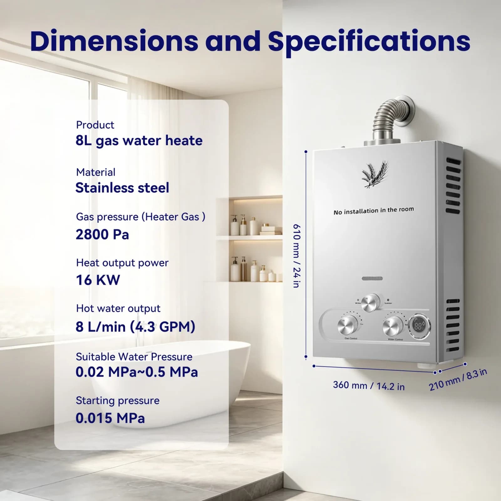 Chauffe-eau au gaz GPL SIHAO 6L 8L 10L 12L 16L 18L, corps en acier, vanne en aluminium, sans rouille, faible coût pour la salle de bain à domicile – photo 4