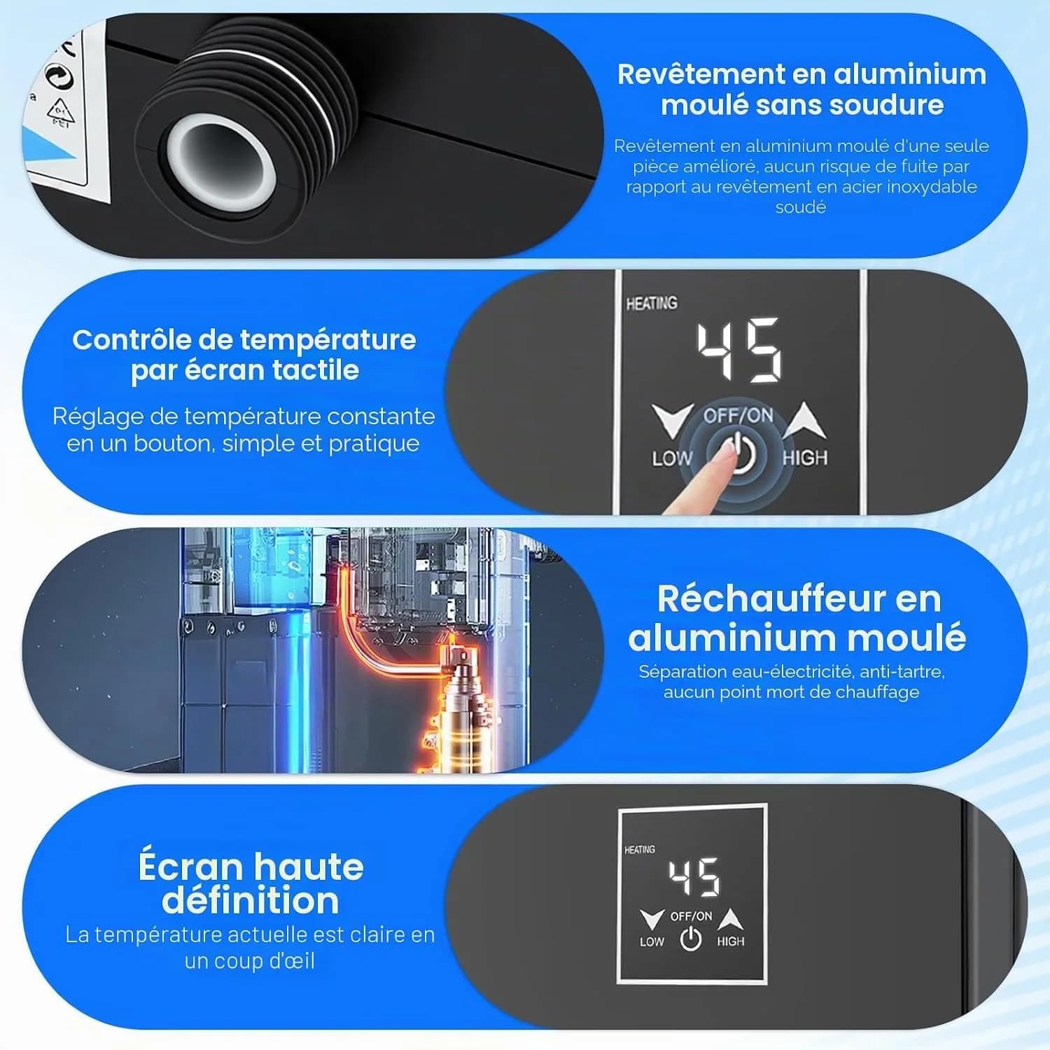 Mini chauffe-eau électrique 5500 W 220 V avec LED 30-55 °C et kit de douche, IPX4, chauffe-eau instantané compact pour douche, cuisine, camping-car (noir) [Classe énergétique A] – photo 7