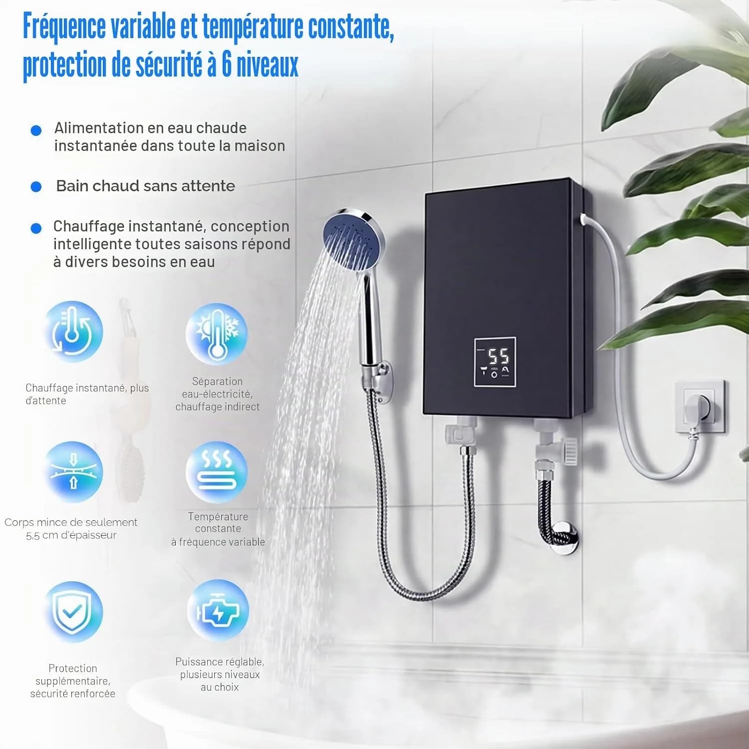 Mini chauffe-eau électrique 5500 W 220 V avec LED 30-55 °C et kit de douche, IPX4, chauffe-eau instantané compact pour douche, cuisine, camping-car (noir) [Classe énergétique A] – photo 4