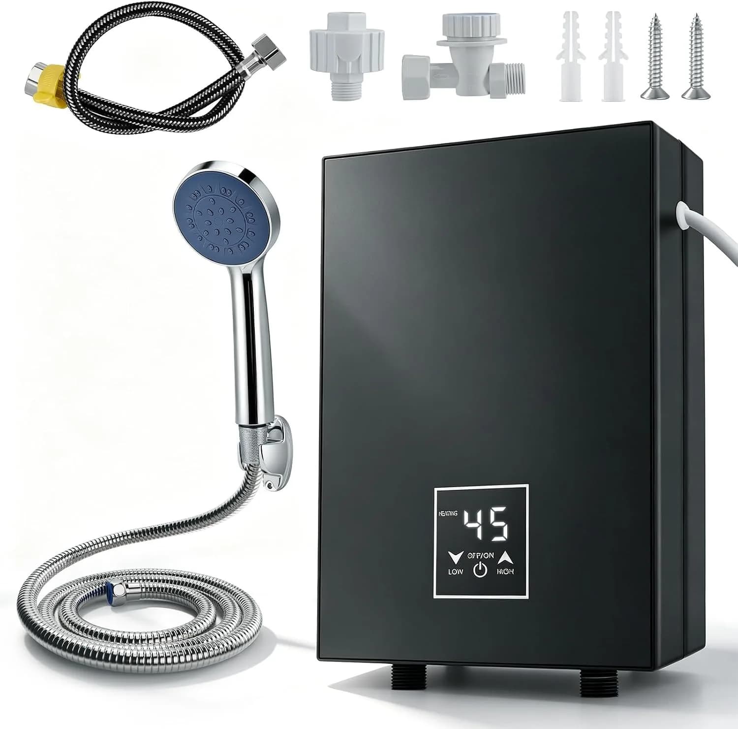 Mini chauffe-eau électrique 5500 W 220 V avec LED 30-55 °C et kit de douche, IPX4, chauffe-eau instantané compact pour douche, cuisine, camping-car (noir) [Classe énergétique A] – photo 3