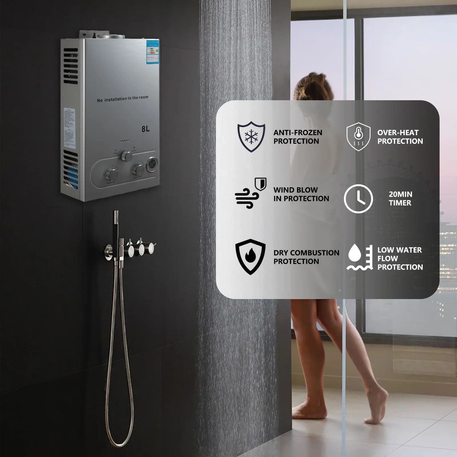 Chauffe-eau au gaz GPL 6L en acier inoxydable sans réservoir, chaudière au propane GPL avec kit de douche, appareil pour la maison et le camping – photo 5