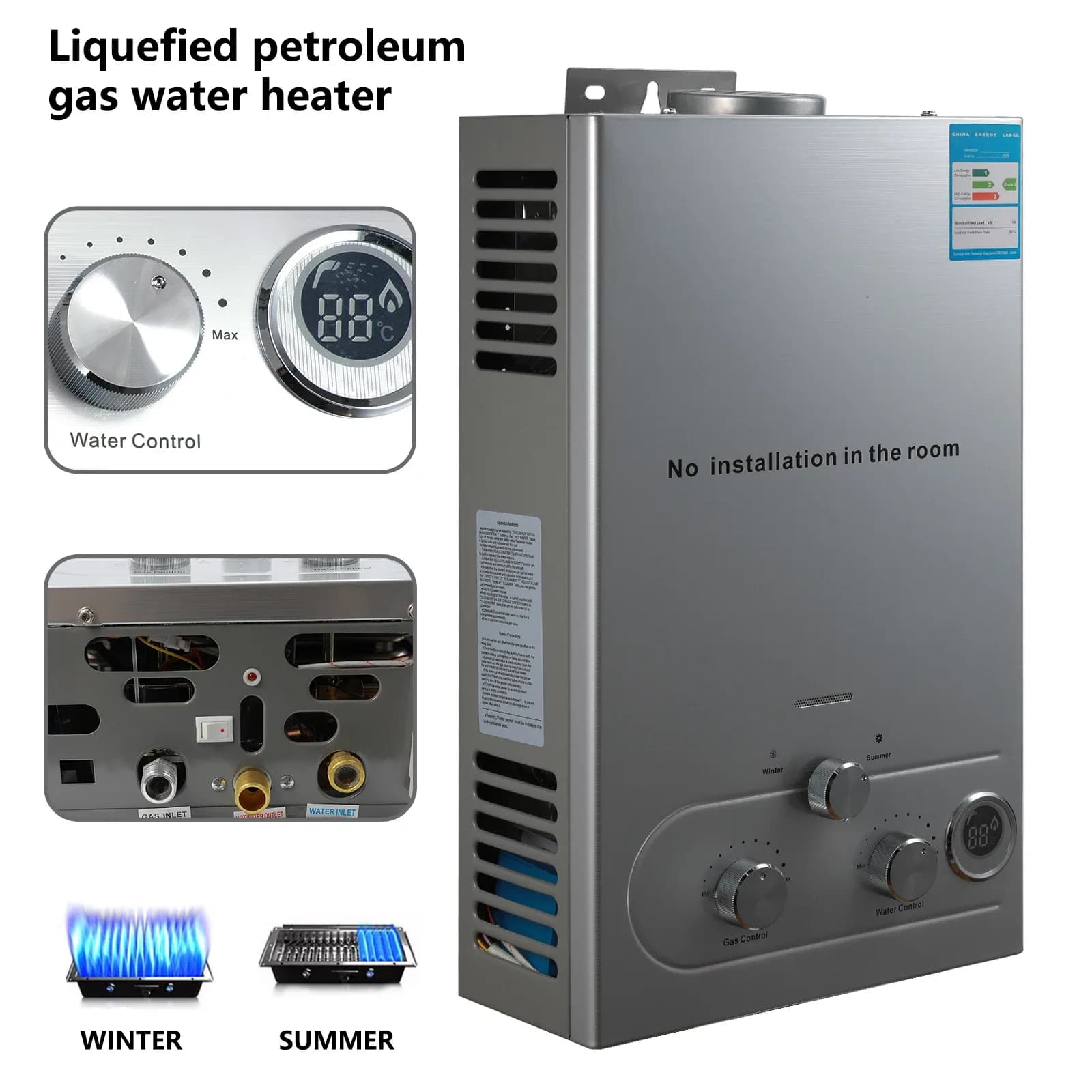 Chauffe-eau au gaz GPL 6L en acier inoxydable sans réservoir, chaudière au propane GPL avec kit de douche, appareil pour la maison et le camping