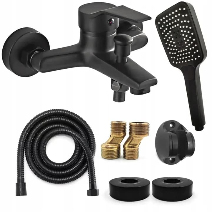 Mitigeur baignoire-douche mural avec douchette, flexible 120 cm et support, au choix chrome ou noir – photo 4