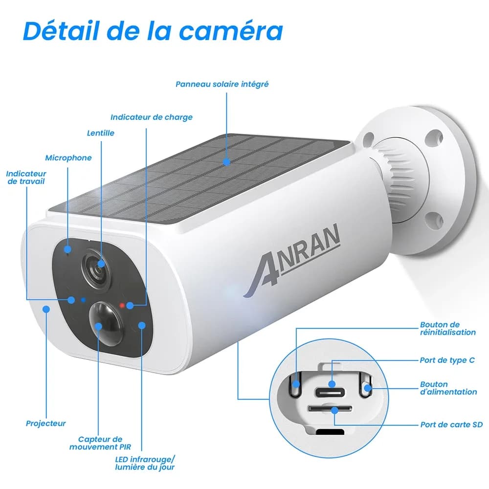 ANRAN Caméra Solaire, Caméra WiFi 2.4G, Caméras de Sécurité 2K pour la Protection de la Maison, Caméra avec Panneau Solaire et Batterie, Détection Humaine PIR, Alarme locale, Compatible Alexa, Couleur Vision Nocturne,IP66 – photo 8