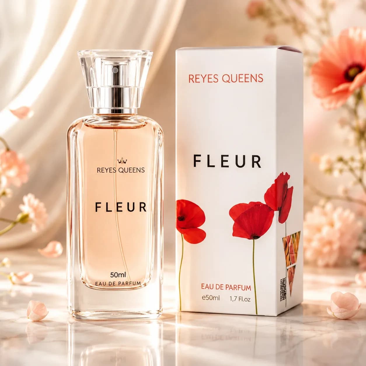 Reyes Queens - Fleur Eau de Parfum 50 ml. Parfum féminin aux notes florales délicates, aux senteurs fraîches de fleurs et à une base douce et élégante.